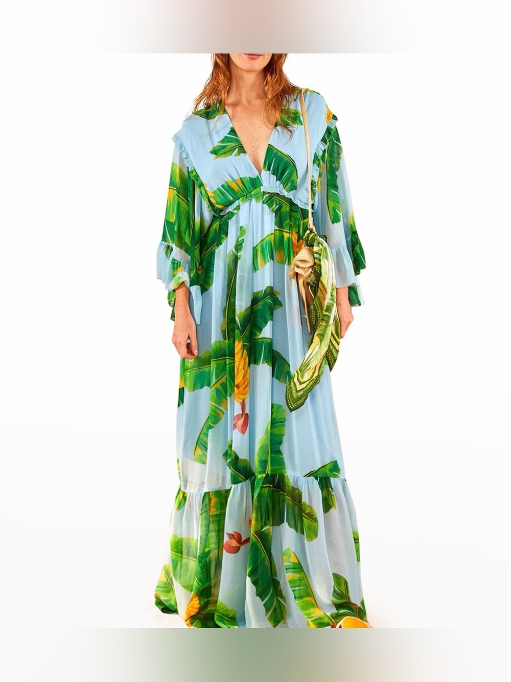 NWT FARM RIO Fresh Bananas Maxi Chiffon dress Women’s Blue Size M